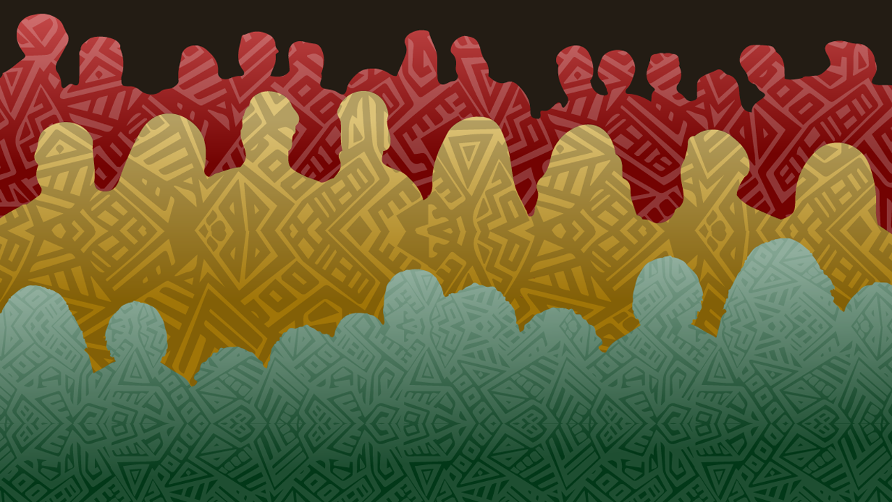 Graphic collage depicting silhouettes of people lined up in three rows. The top, back row is colored red, the middle row yellow, and the front, bottom row green. All silhouettes are filled with contrasting geometric line art.