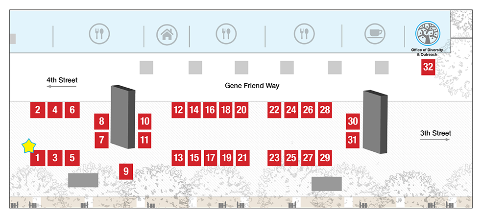 Two-dimensional graphic map of Gene Friend Way at UCSF Mission Bay. Information includes numbered boxes that represent tents for each Resource Fair department. The fair will be located between Third and Fourth Street where tents are arranged in two rows where participants can walk down a central walkway.