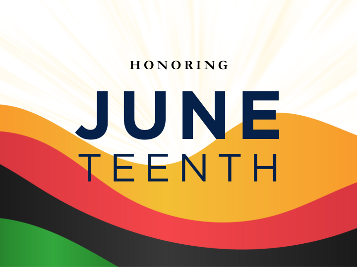 Colorful wave-like illustrations in yellow, red, black, and green flank the bottom half of the image. Contrasting black and white text on the image reads 'honoring Juneteenth'.