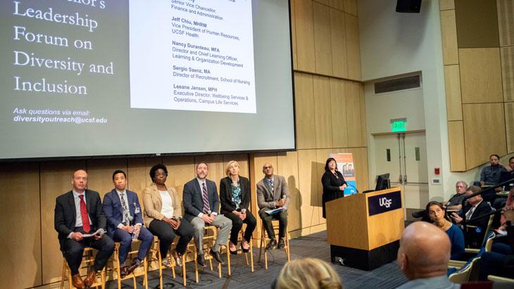 A panel of UCSF community members participate in Q&A at the UCSF Chancellor's Leadrship Forum on Diversity and Inclusion