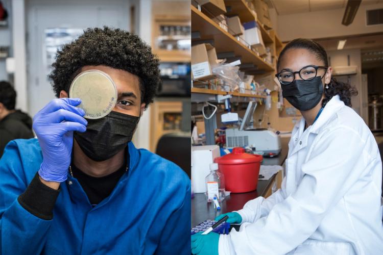 A side-by-side photo collage of Jalen Higgins and Sally Ume-Ukeje in their lab coats.