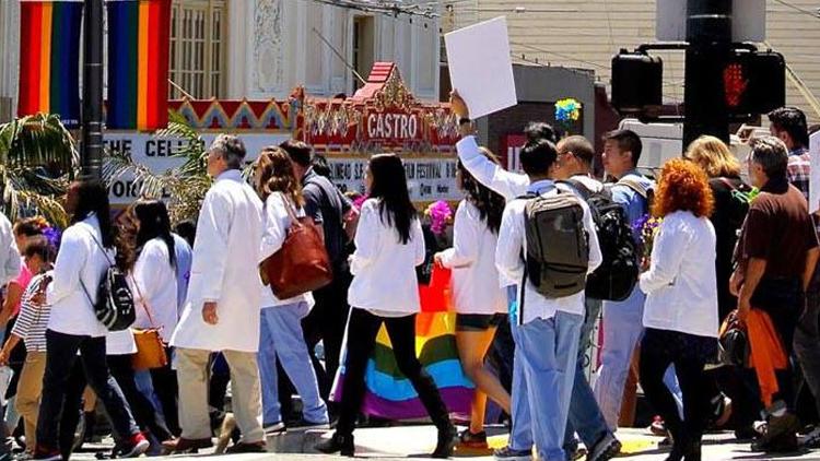 UCSF community members march in demonstration through the  Castro district in San Fracisco