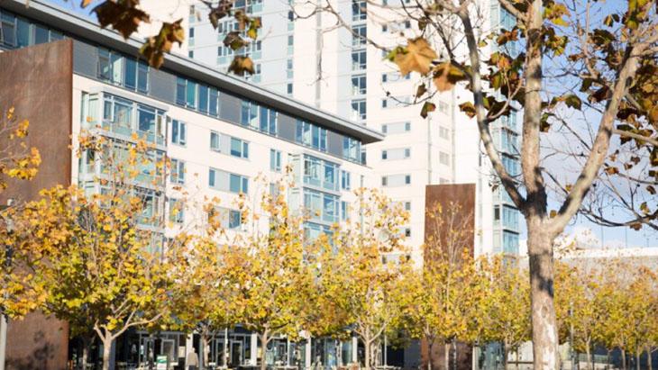 Modern UCSF building with tall glass windows and trees lining the Gene Friend Way concourse through Mission Bay campus